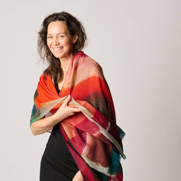 Travel Wrap/Scarf in Silk/Wool Blend - Red Multi