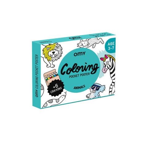 OMY coloring pocket poster with crayons on a white background