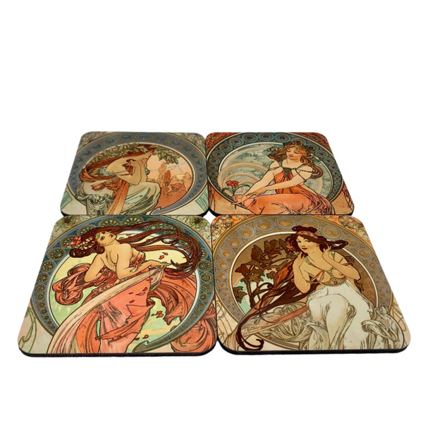 Alphonse Mucha - "The Arts: Dance, Music, Painting and Poetry" Square Coaster Set