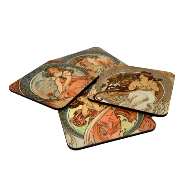 Alphonse Mucha - "The Arts: Dance, Music, Painting and Poetry" Square Coaster Set