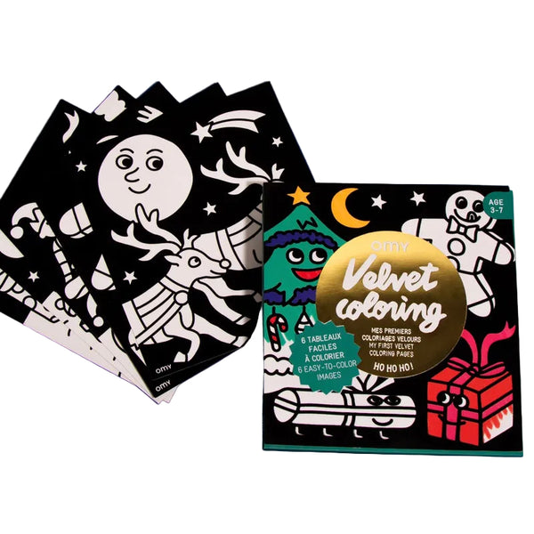 Coloring book with black and white illustrations on a blue background