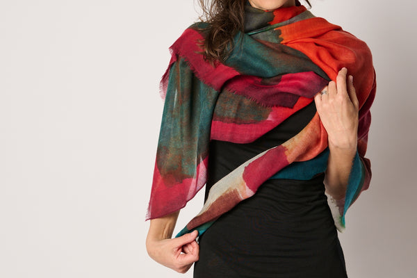 Travel Wrap/Scarf in Silk/Wool Blend - Red Multi