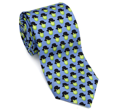 Necktie, Apples floating with black hats, Light Blue, bright green and black, 100% Silk