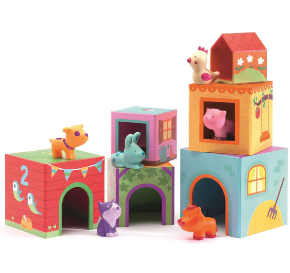 child toy, vinyl animals, chicken, rabbit, cat, pig, dog, cow, cardboard stackable play boxes