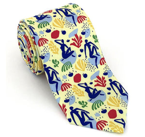 Modern Blues Necktie, Multi-color on light yellow background. 100% Silk