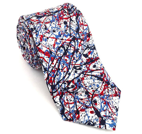 Necktie Splotched in reds, dark and light blues, and silver-grey tones. 100% Silk