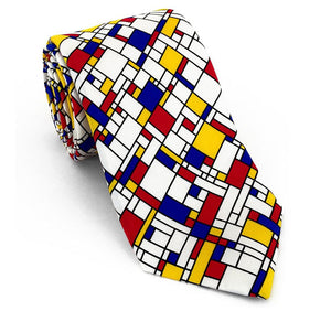 Elements of Cubism, Abstract Art, and Modernism influenced necktie design. Red, blue, yellow, black and white. 100% Silk